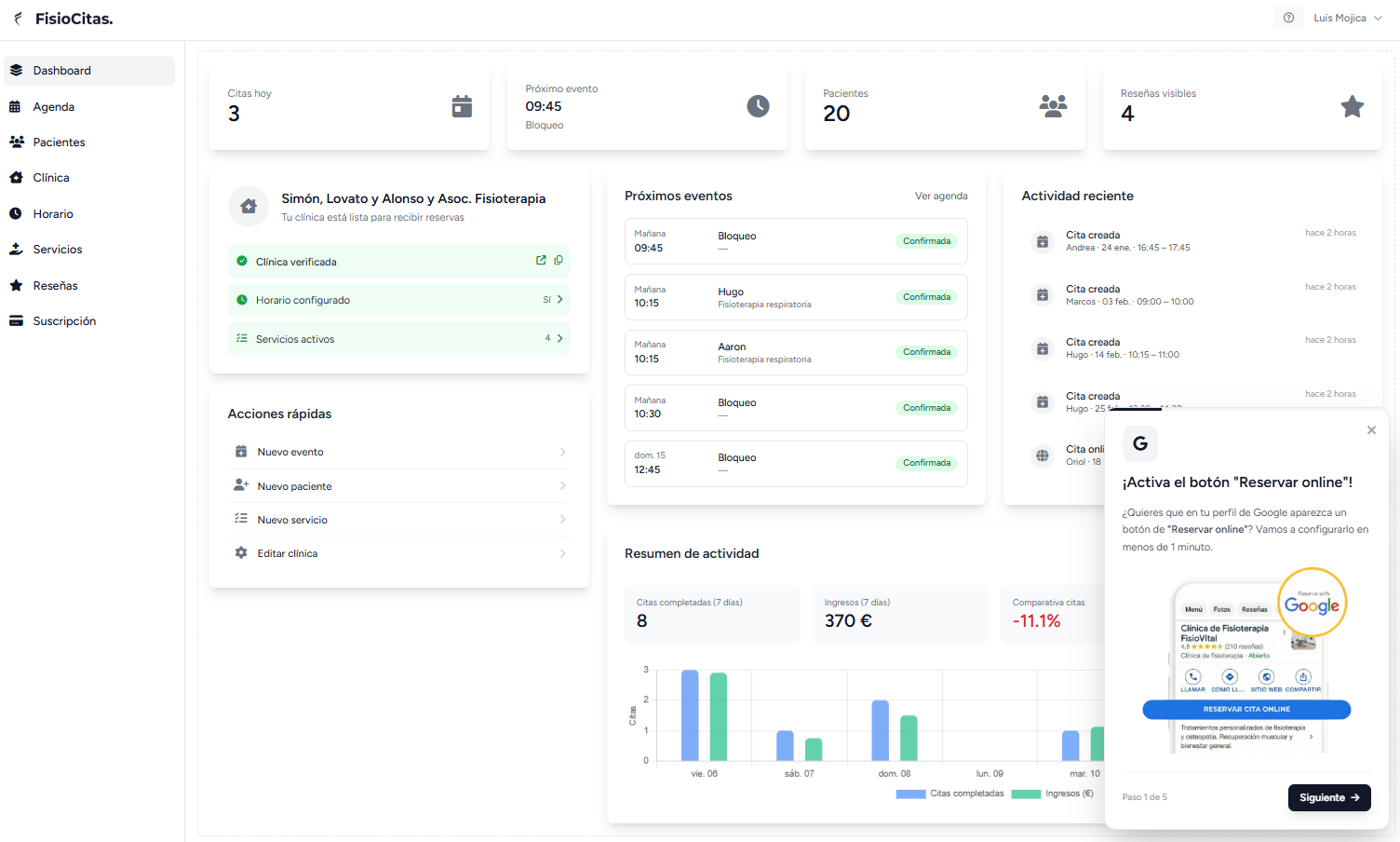 Agenda online para gestionar citas en una clínica de fisioterapia